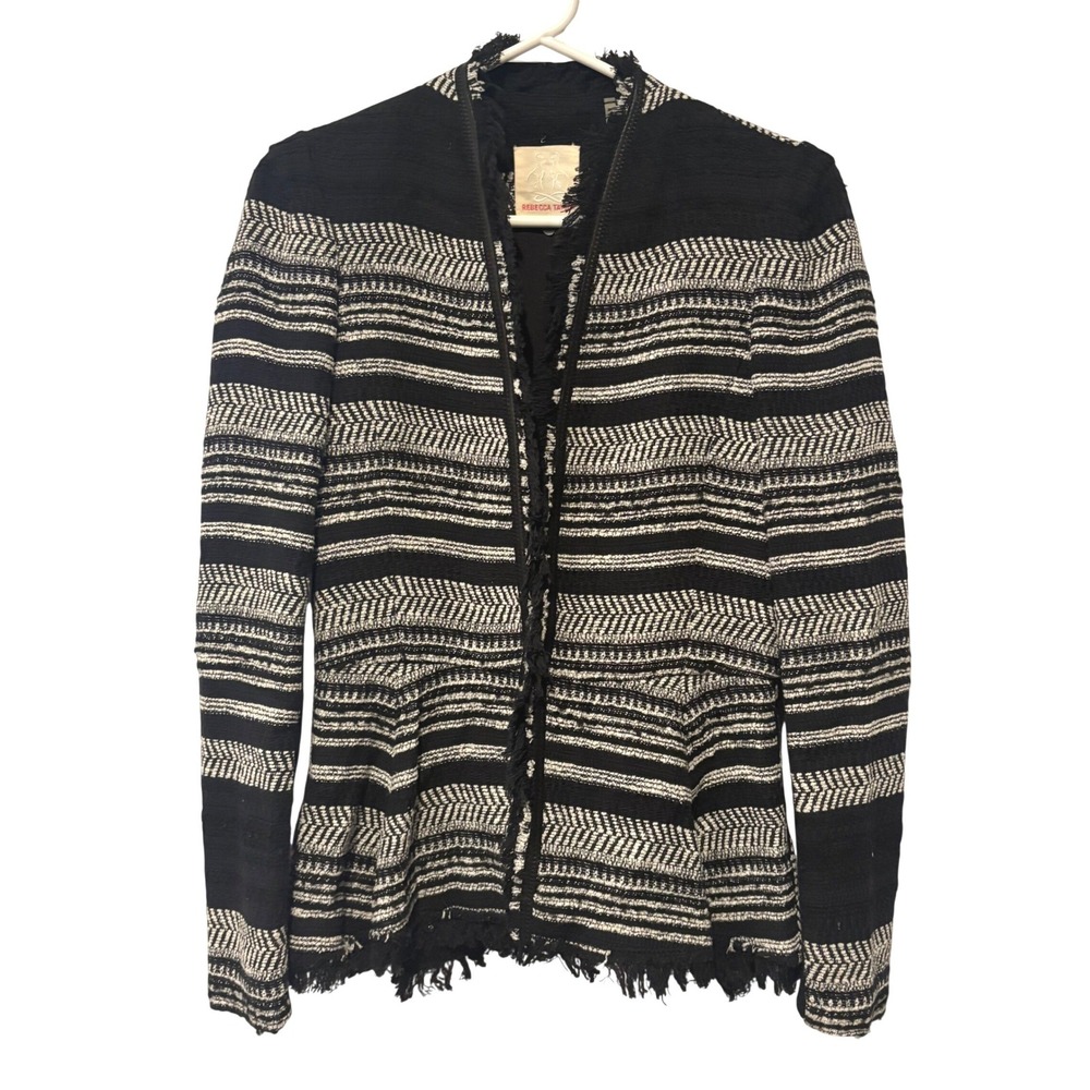 Rebecca Taylor Black‎ White Tweed Peplum Jacket Fringe Leather Trim Size 6